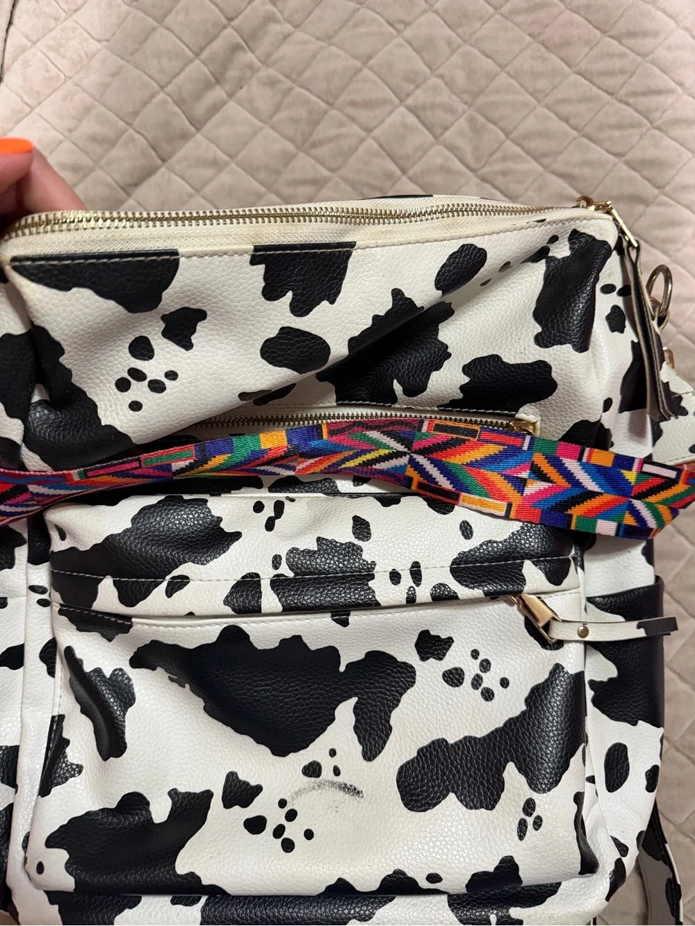 Cow Print Backpack Tote with Detachable Strap - Black and White